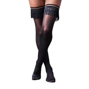 Kix'ies Keila Black Fringe Opaque Thigh-Highs Stockings